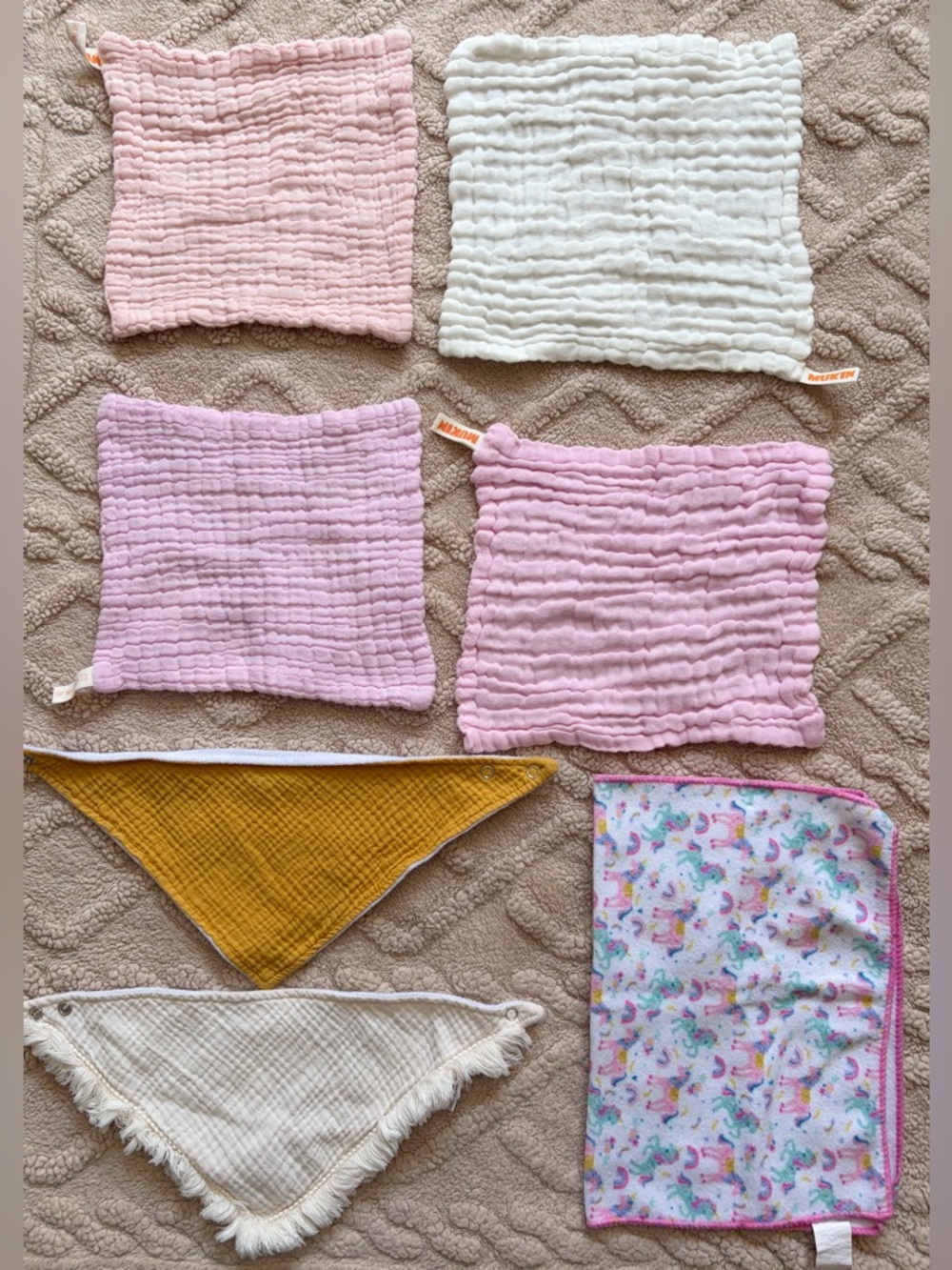 Baby Girl Burp Rag & Bib Bundle - 5 Burp Rags & 2 Bandana Bibs, Lot Of 7 Pieces